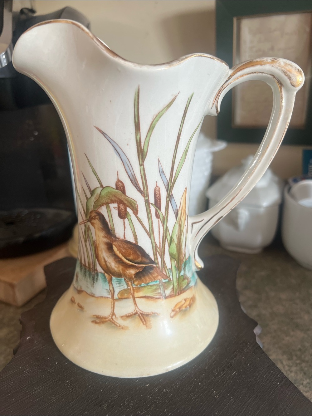 Antique Haynes Ware Sand Piper Bird Scene Ceramic
Pitcher Jug No 422, 1880s